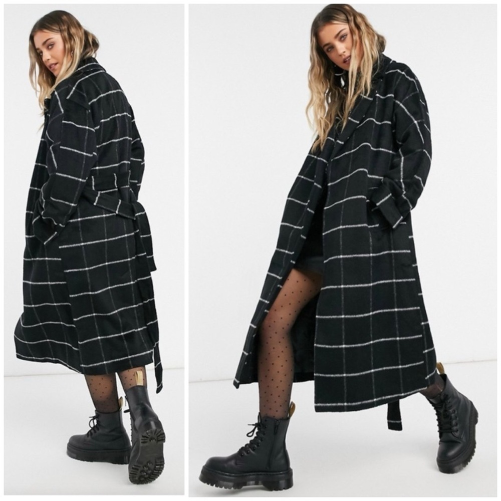 NEW LOOK belted maxi coat in black window check SZ US 4